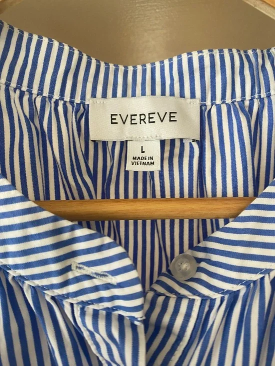 EVEREVE Blue White Striped Button Front Blouse Short Sleeve Relaxed Fit Size L - Picture 5 of 8